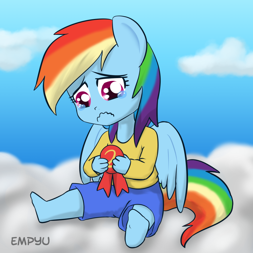 2014 anthro anthrofied barefoot clothing cloud crying empyu equine female friendship_is_magic fur hair horse mammal multicolored_hair my_little_pony pegasus pony purple_eyes rainbow_dash_(mlp) rainbow_hair ribbons sad solo tears wavy_mouth wings