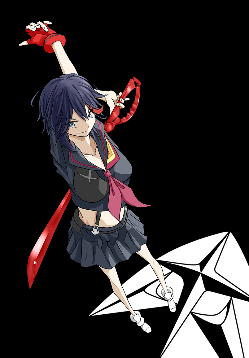 arm_behind_head arm_up bad_id bad_pixiv_id blue_hair collarbone den_(kur0_yuki) emblem fingerless_gloves from_above gloves green_eyes holding holding_sword holding_weapon kill_la_kill legs matoi_ryuuko multicolored_hair red_gloves school_emblem scissor_blade senketsu shoes single_glove skirt sneakers solo_focus stretch suspenders sword two-tone_background two-tone_hair weapon