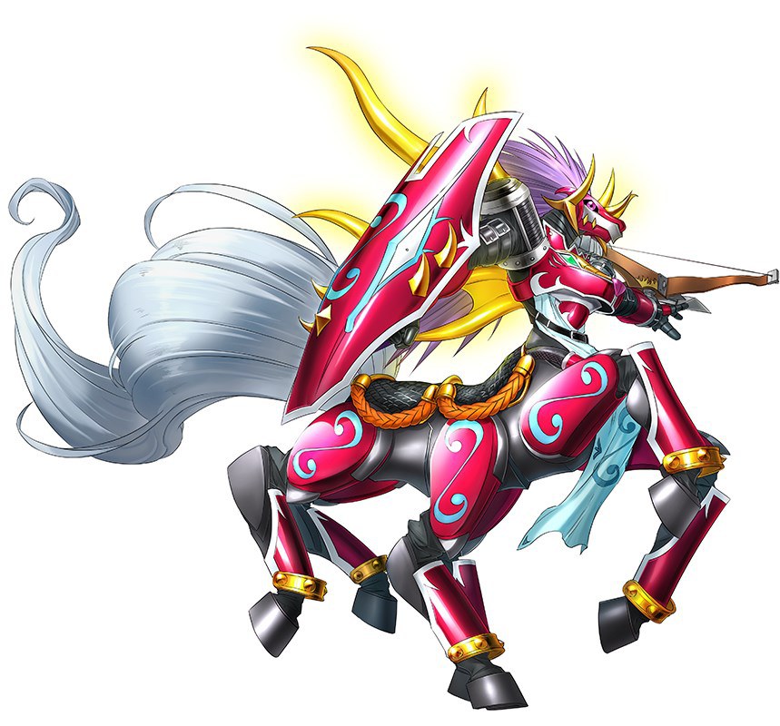 armor bandai bow_(weapon) crossbow digimon digimon_story:_cyber_sleuth full_armor gauntlets horns loincloth monster multiple_legs no_humans official_art purple_eyes purple_hair royal_knights shield simple_background sleipmon solo tail weapon white_background yasuda_suzuhito