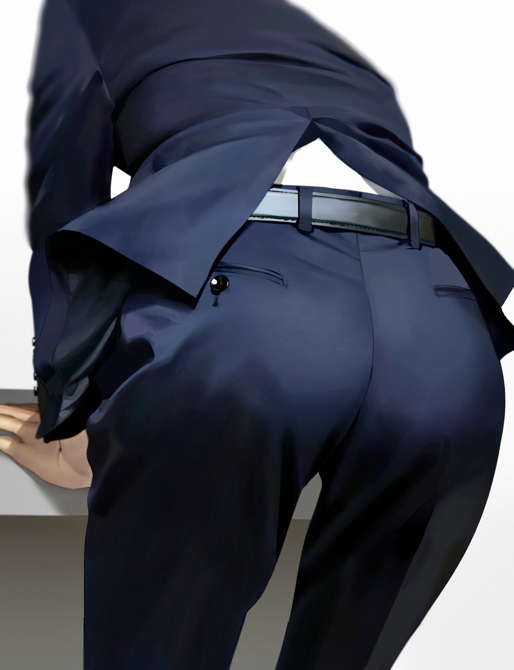 1boy ass ass_focus belt blue_suit formal from_behind highres male_focus original salaryman simple_background solo suit wadani_hitonori white_background