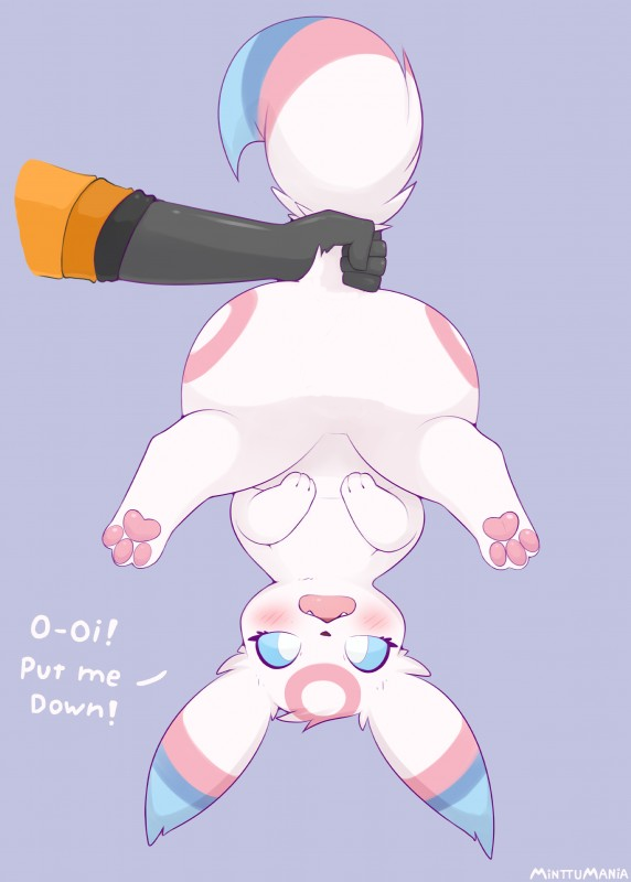 ! 3_toes absurd_res alternate_color blue_eyes blush clothing cute_fangs dialogue duo edit eeveelution embarrassed english_text female feral fluffy fluffy_tail fur gloves hi_res lifted_by_tail loimu long_ears looking_at_viewer markings minttu_(loimu) nintendo pawpads pink_fur pink_nose pok&eacute;mon pok&eacute;mon_(species) solo_focus sylbreon tail_grab talking_to_viewer text toes umbreon upside_down video_games white_fur