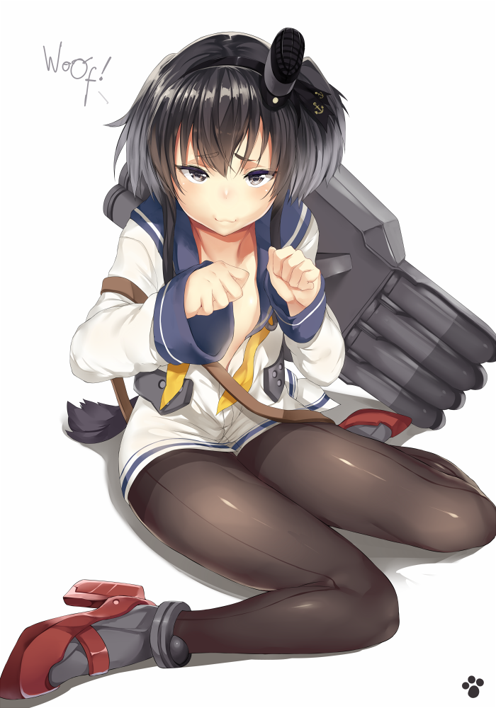 :3 ankle_boots black_hair black_legwear boots dress english full_body grey_eyes hairband hat headgear hews_hack high_heel_boots high_heels kantai_collection long_sleeves looking_at_viewer mini_hat neckerchief open_clothes open_shirt pantyhose paw_pose sailor_dress school_uniform seamed_legwear serafuku shirt short_hair side-seamed_legwear simple_background sitting solo tokitsukaze_(kantai_collection) undone_neckerchief untied wariza white_background