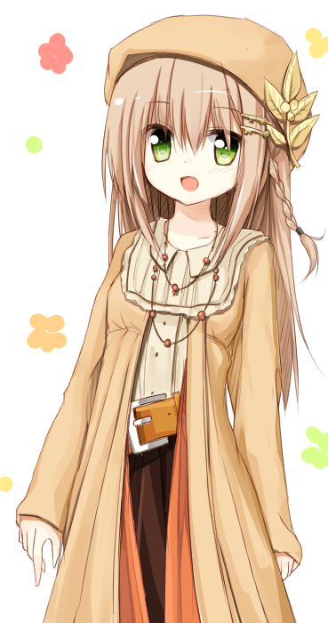 :d arms_at_sides bangs belt_buckle blush braid brown_hat buckle coat eyebrows_visible_through_hair green_eyes hair_between_eyes hair_ornament hairclip hat hat_ornament jacket jewelry light_brown_hair long_hair long_sleeves looking_at_viewer necklace open_mouth original single_braid smile solo yuuhagi_(amaretto-no-natsu)