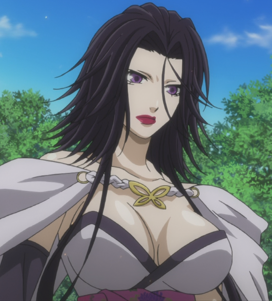 1girl black_hair brave_10 breasts corset female highres kaiyo kaiyo_(brave_10) large_breasts long_hair purple_eyes red_lipstick screencap solo