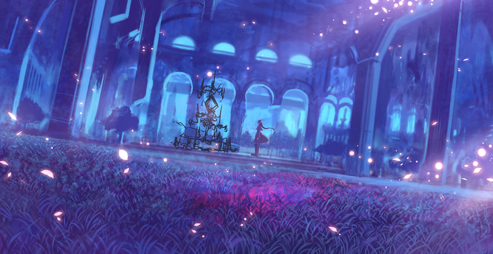 1girl ahoge boots braid castle dress field floating_hair from_side grass light_particles long_hair original sakimori_(hououbds) scenery single_braid solo standing