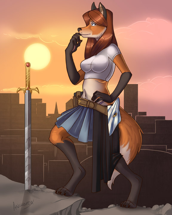 angrboda brown_hair canine clothed clothing digitigrade female fox hair mammal skirt sword weapon