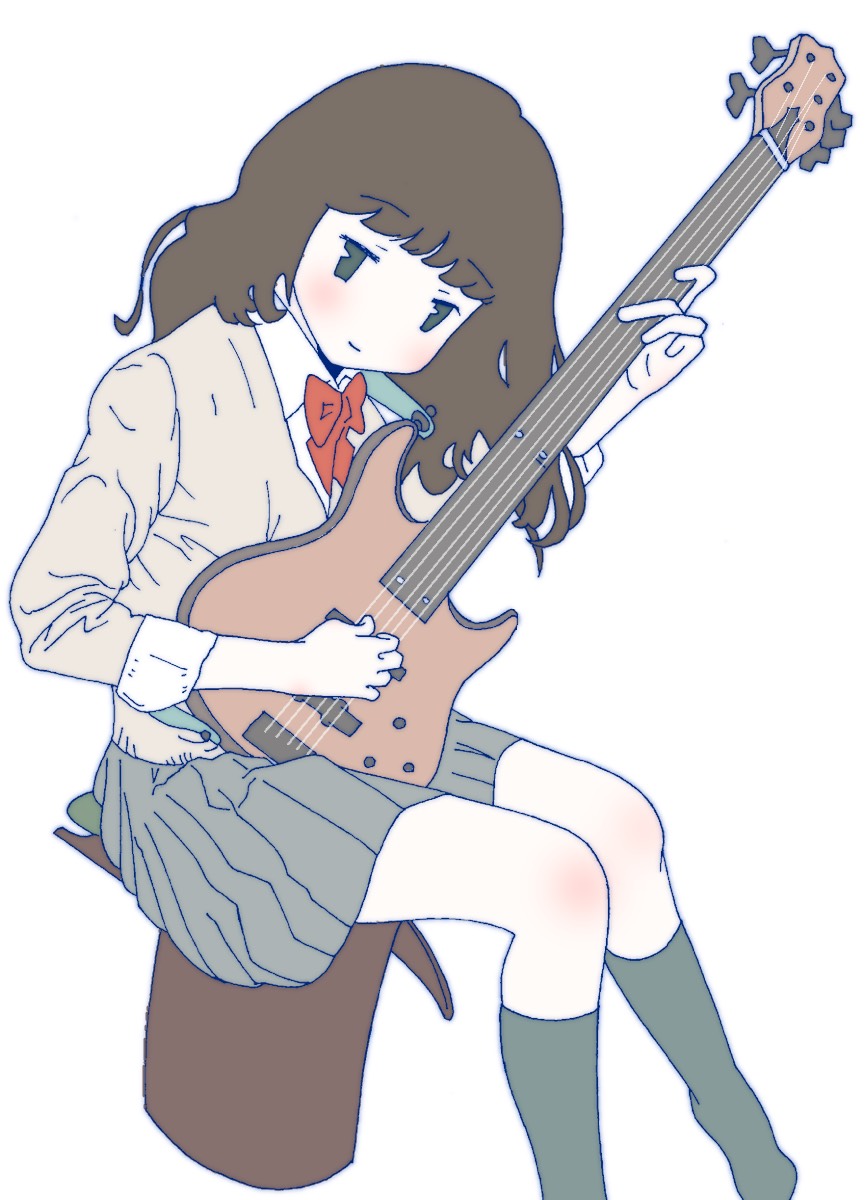 1girl bass_guitar black_legwear blush bow brown_hair commentary green_eyes head_tilt highres holding holding_instrument instrument kneehighs long_hair no_shoes original school_uniform sitting solo tariki_fretless weapon