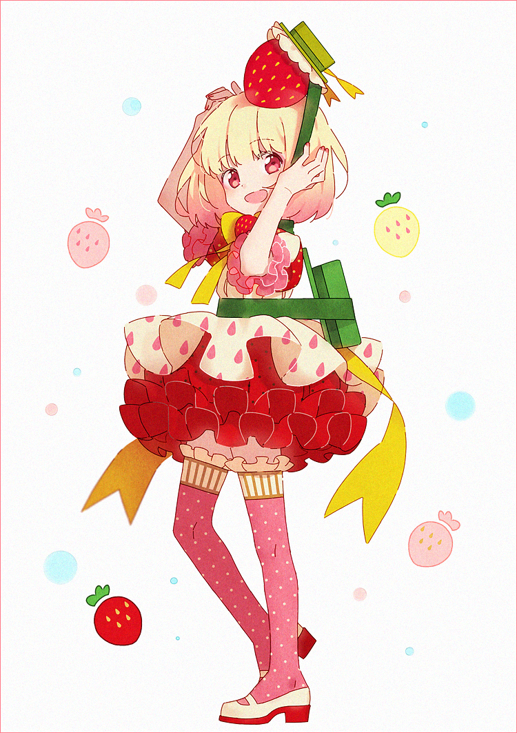 1girl :d arms_up bangs blonde_hair blush eyebrows_visible_through_hair fingernails food food_themed_clothes fruit full_body green_hat hakusai_(tiahszld) hat looking_at_viewer looking_to_the_side nail_polish open_mouth original pink_legwear polka_dot polka_dot_legwear red_eyes red_nails red_skirt shoes skirt smile solo standing strawberry thighhighs uwabaki white_background white_footwear