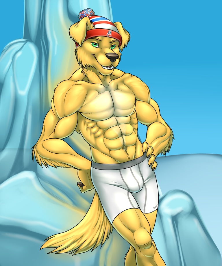 anthro back biceps big_muscles black_nose bodybuilder bodybuilding canine chase_(retriever) clothing dog golden_retriever green_eyes male mammal muscles pecs pose vallhund