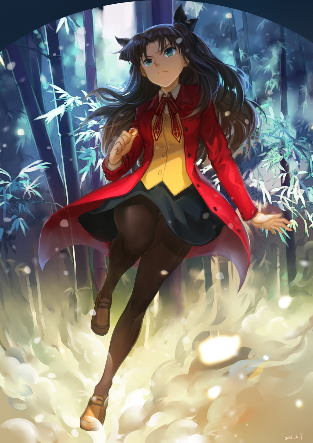 black_hair black_legwear blue_eyes coat fate/stay_night fate_(series) hair_ribbon highres huazha01 loafers long_hair pantyhose ribbon shoes skirt solo toosaka_rin two_side_up