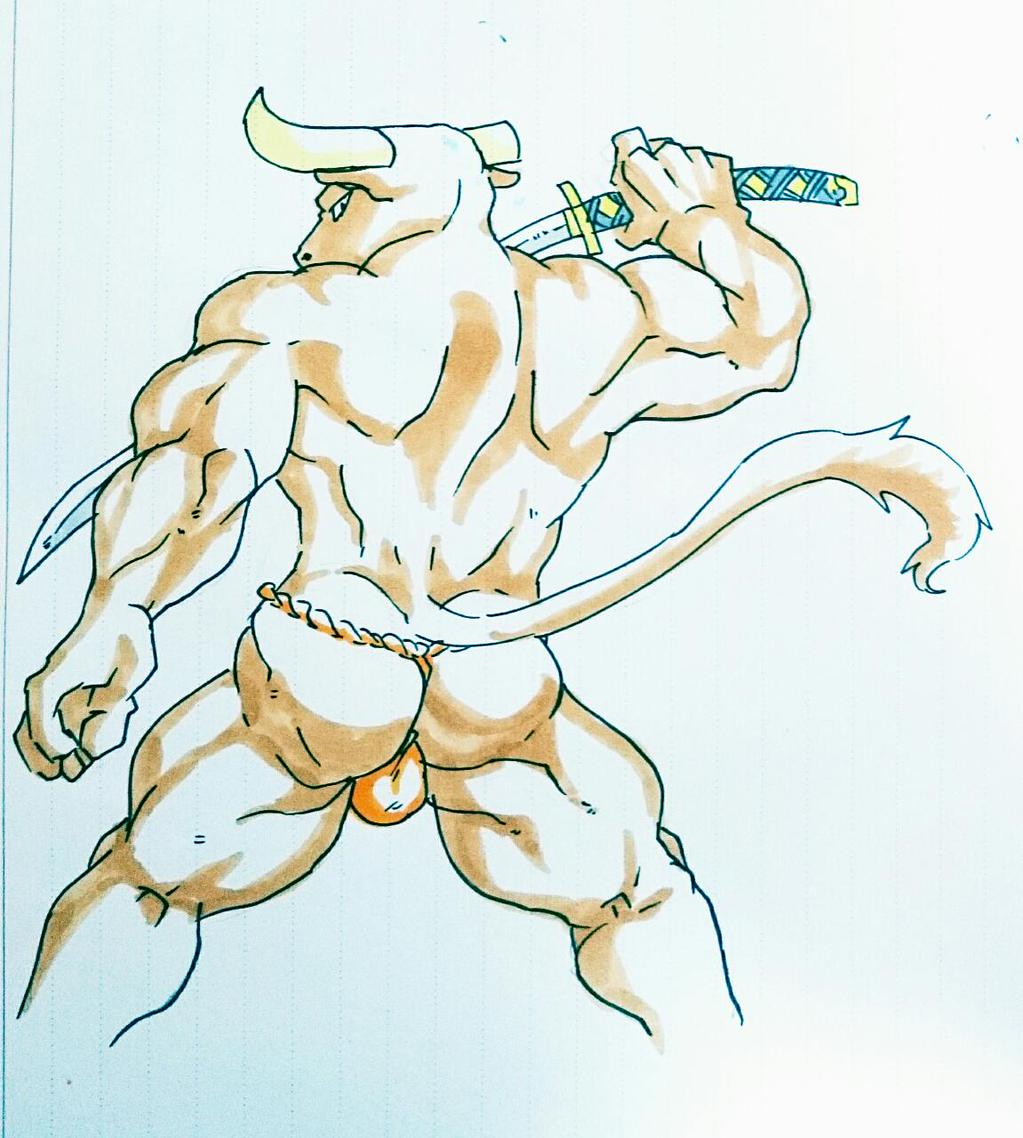 bovine butt cattle clothing fundoshi looking_at_viewer male mammal monochrome seitora solo sword underwear weapon