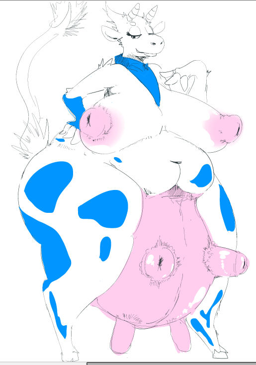 bandanna big_breasts bovine breasts bun_snn cattle chubby female horn lactaid looking_at_viewer mammal nude overweight solo standing teats thick_thighs udders wide_hips