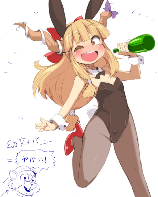 animal_ears ario bottle bunny_ears bunny_tail bunnysuit flat_chest high_heels horns ibuki_suika jimmy_lightning one_eye_closed open_mouth pantyhose peggle shoes sketch solo tail touhou translated wrist_cuffs