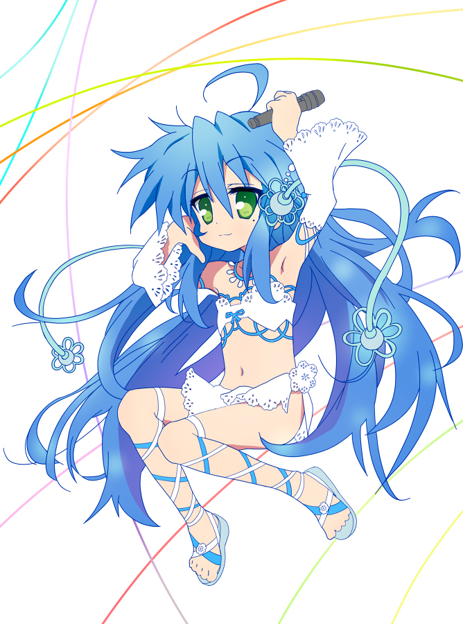 :3 ahoge alternate_costume ankle_lace-up blue_hair cross-laced_footwear detached_sleeves flat_chest green_eyes izumi_konata long_hair lucky_star microphone mole mole_under_eye sandals solo tyke very_long_hair