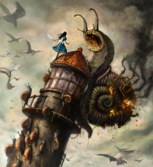 alice_(wonderland) alice_in_wonderland american_mcgee's_alice bad_deviantart_id bad_id battle bird boots ken_wong knife smoke snail solo surreal tower