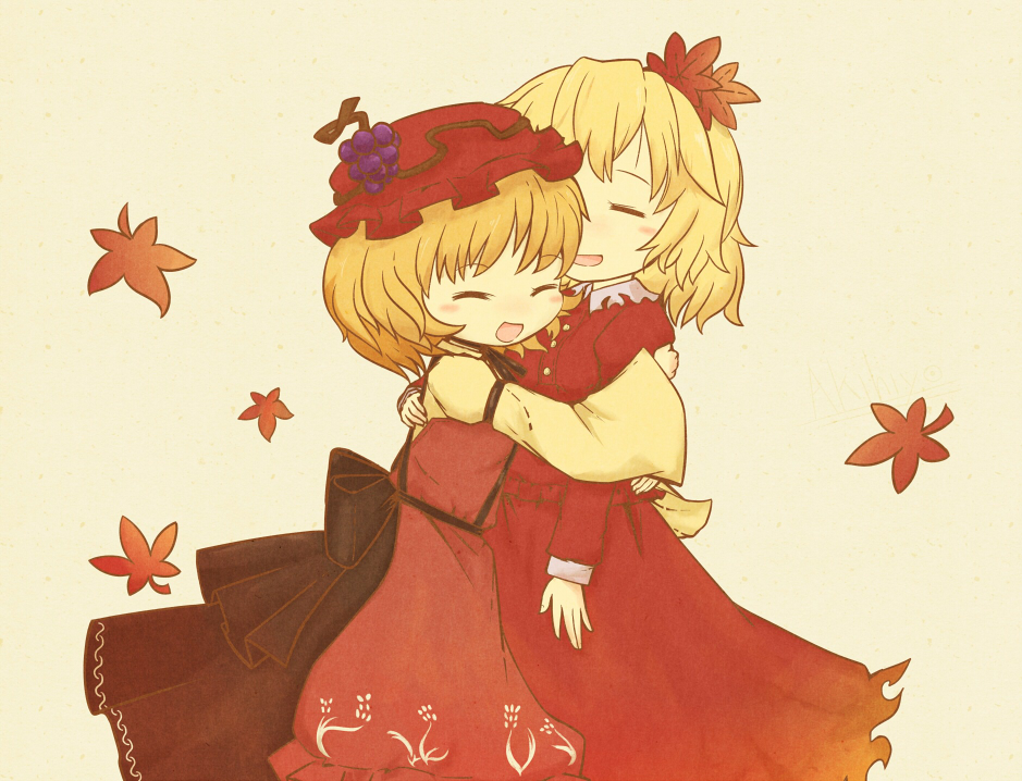 aki_minoriko aki_shizuha akihiyo autumn_leaves blonde_hair closed_eyes hair_ornament hat hug multiple_girls siblings sisters smile touhou wide_sleeves