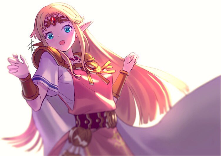 1girl bangle blonde_hair blue_eyes bracelet cape commentary_request dress earrings hands_up jewelry long_hair looking_at_viewer necklace nintendo open_mouth pointy_ears princess_zelda short_sleeves shoulder_pads super_smash_bros. super_smash_bros._ultimate the_legend_of_zelda the_legend_of_zelda:_a_link_between_worlds tiara tunic white_dress yamahara