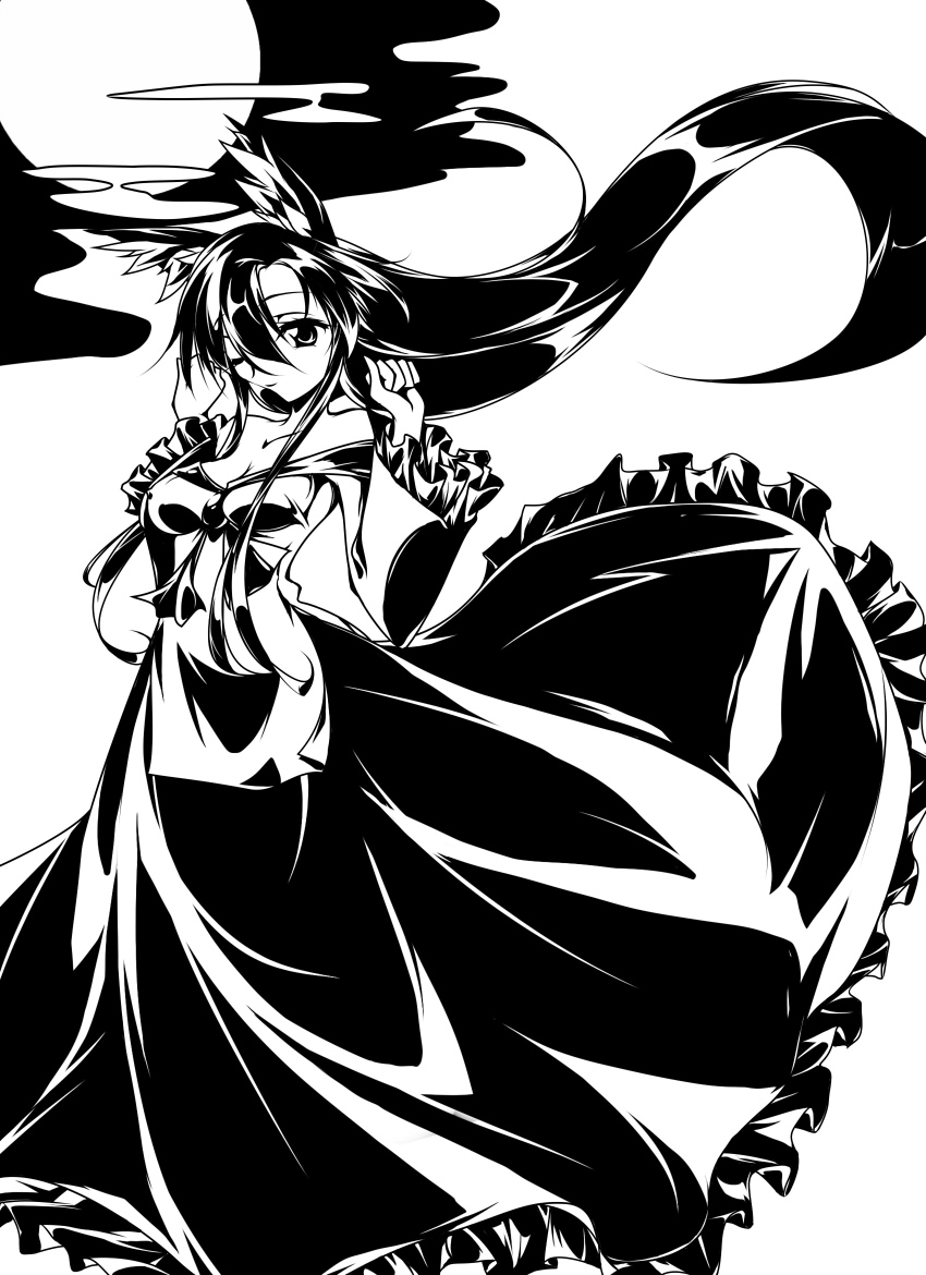 animal_ears bare_shoulders breasts brooch cleavage collarbone dress greyscale imaizumi_kagerou jewelry long_hair medium_breasts monochrome moon one_eye_closed oushi solo touhou very_long_hair wolf_ears