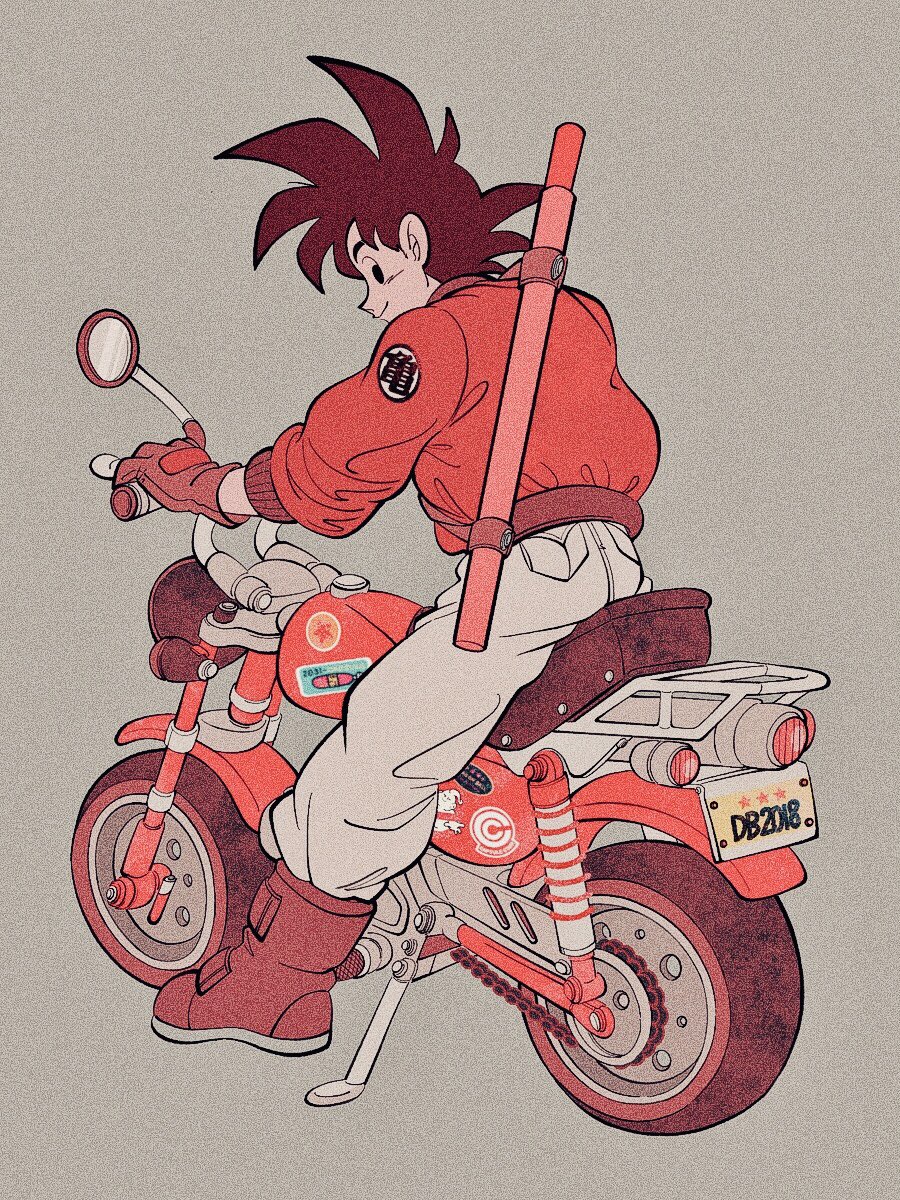 1boy 2018 belt black_eyes black_hair boots capsule_corp clothes_writing copyright_name dragon_ball dragon_ball_(object) dragonball_z full_body gloves grey_background ground_vehicle happy highres jacket license_plate looking_back majin_buu male_focus mirror motor_vehicle motorcycle nyoibo on_motorcycle profile riding short_hair simple_background smile son_gokuu spiked_hair star sticker uzuta vehicle