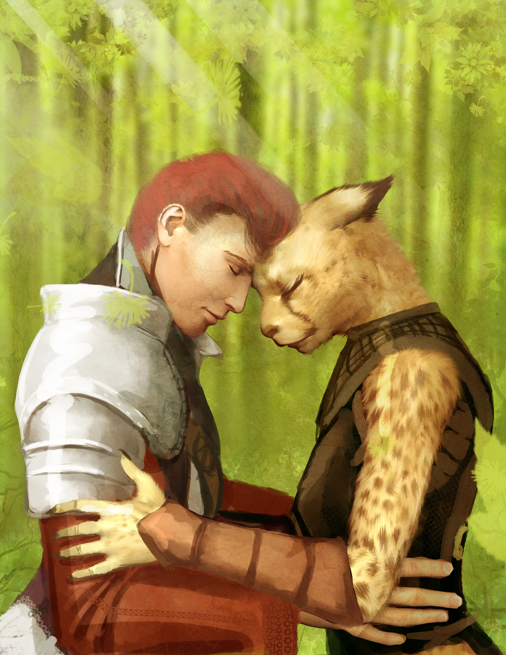 armor cheetah claws clothed clothing duo eyes_closed feline female fur greaves hair hattonslayden holding human interspecies male male/female mammal red_hair spots tender yellow_fur