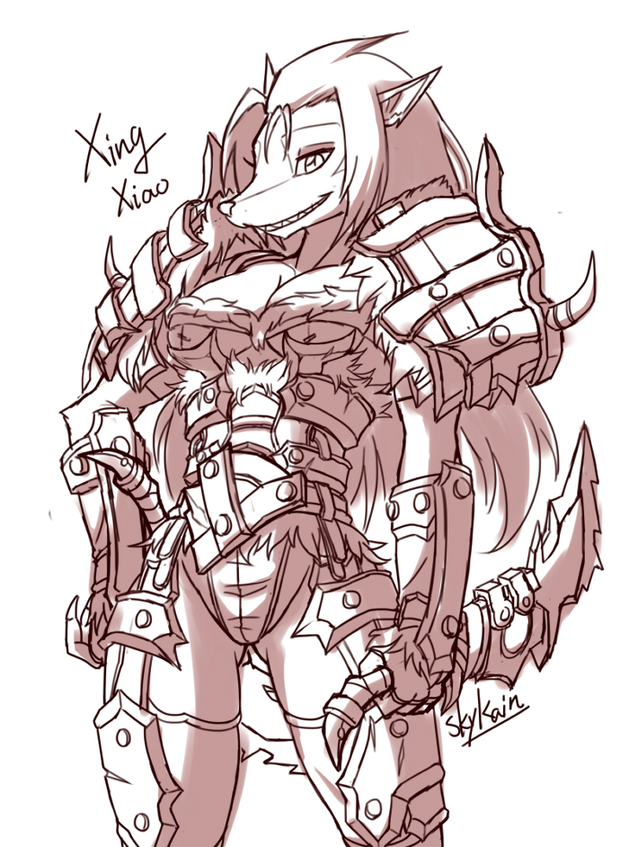 2014 anthro armor breasts canine cleavage clothed clothing english_text female fur hair long_hair looking_at_viewer mammal monochrome sketch skimpy skykain slit_pupils smile solo sword teeth text unconvincing_armor video_games warcraft weapon were werewolf wolf worgen