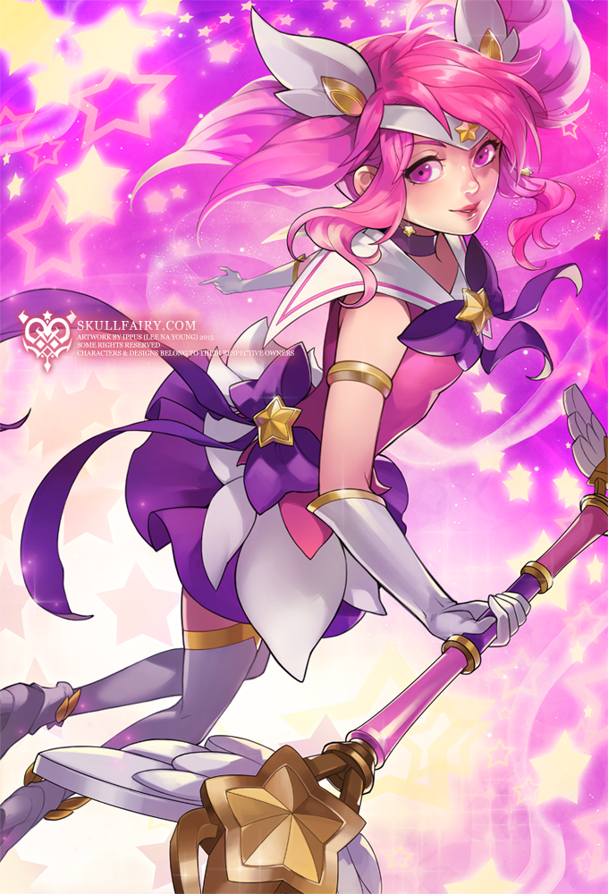 alternate_costume alternate_eye_color alternate_hair_color alternate_hair_length alternate_hairstyle choker dress elbow_gloves floating from_behind gloves league_of_legends looking_at_viewer luxanna_crownguard magical_girl makeup miniskirt na_young_lee pink_background pink_eyes pink_hair short_dress short_twintails skirt solo staff star star_guardian_lux starry_background thighhighs tiara twintails weapon white_legwear zettai_ryouiki