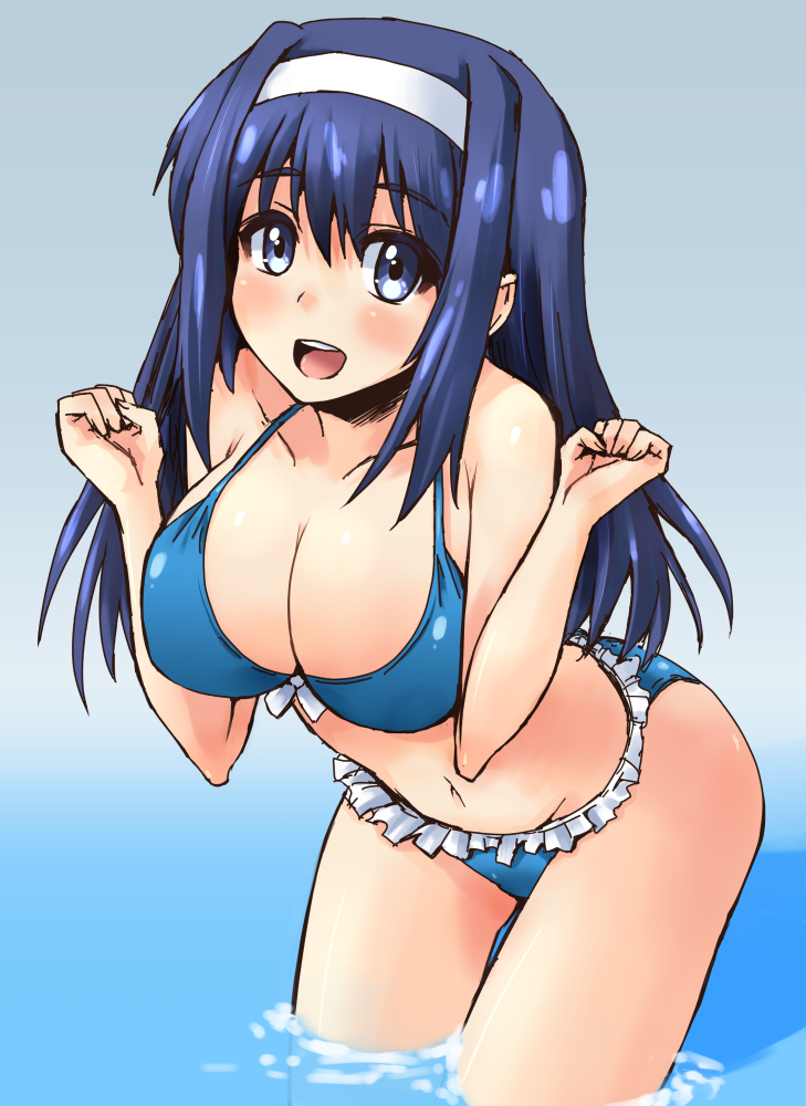 bikini blue_bikini blue_eyes blue_hair breasts cleavage futaba_aoi_(vividred_operation) hairband large_breasts long_hair shinshin solo swimsuit vividred_operation