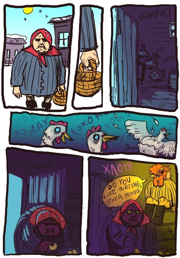 avian bird chicken clothing comic countryside dialogue duo english_text female hotline_miami human humor male mammal not_furry old richard russia russian_text text video_games