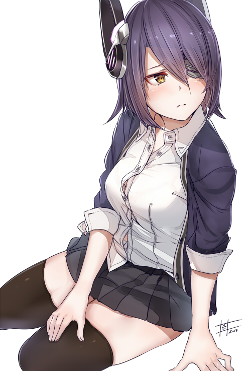 1girl akaitera black_legwear blush eyepatch headgear kantai_collection looking_away open_collar purple_hair school_uniform short_hair sitting solo tenryuu_(kantai_collection) thighhighs tight_top yellow_eyes