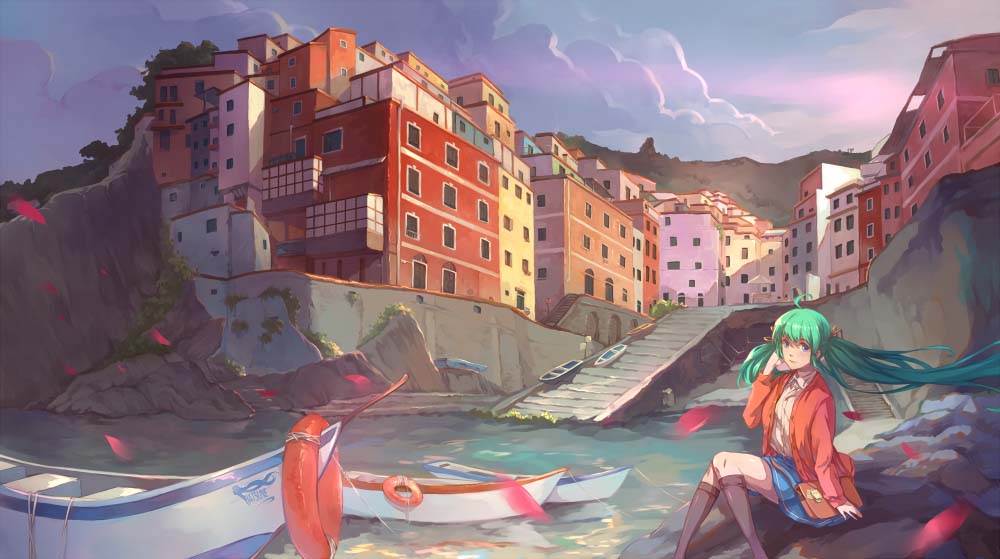 ahoge arm_at_side beach blue_skirt boat building collared_shirt floating_hair green_hair hair_ribbon hair_tucking hatsune_miku italy jacket kneehighs lifebuoy long_hair long_sleeves open_clothes open_jacket outdoors petals real_world_location red_jacket ribbon riomaggiore rock shadow shirt sitting sitting_on_rock skirt sky solo sunset twintails very_long_hair village vocaloid water watercraft white_shirt wind xinuo223