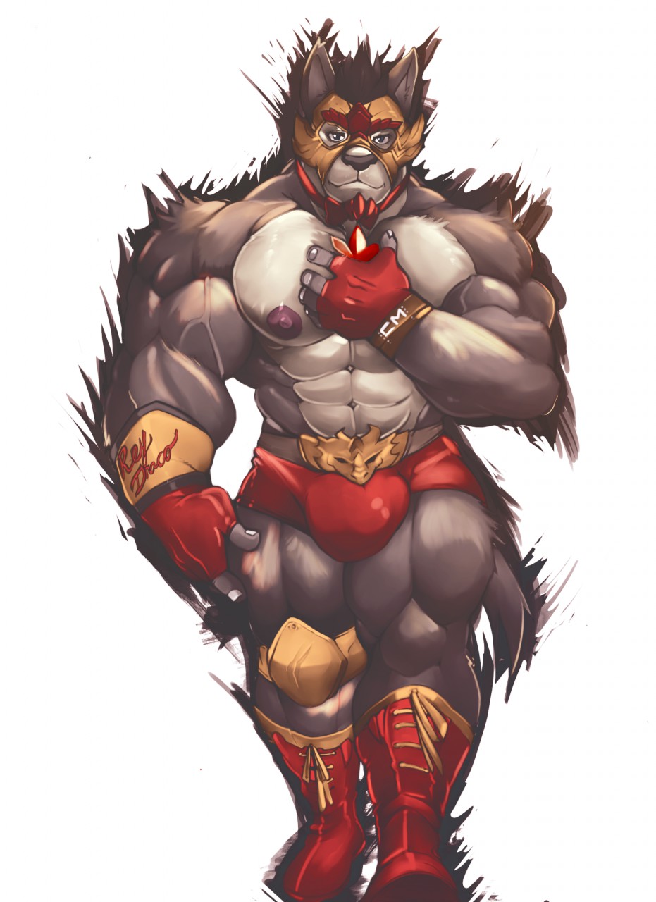 abs anthro biceps big_muscles boots bow_tie canine clothing cursedmarked fur gloves male mammal mask muscles nipples pecs speedo swimsuit underwear wolf yutari