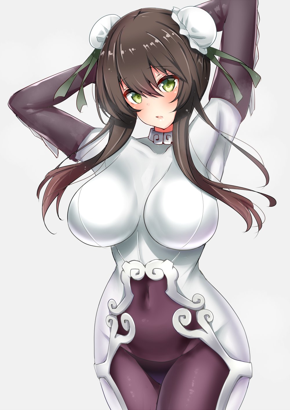 armpits arms_behind_head arms_up bangs blush bodysuit breasts brown_hair bun_cover chinese_clothes commentary_request covered_navel double_bun fate/grand_order fate_(series) green_eyes green_ribbon hair_between_eyes hair_ribbon highres hips large_breasts long_hair looking_at_viewer parted_lips qin_liangyu_(fate) ribbon sankakusui sidelocks simple_background solo thighs white_background white_bodysuit