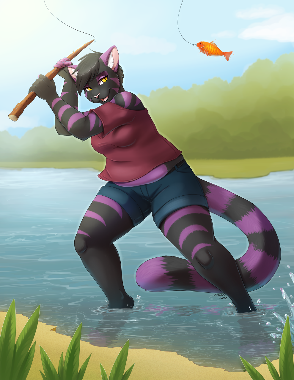 ajna amber_eyes black_fur black_hair chubby clothing cute feline female fish fishing fur hair kate lake mammal marine open_mouth outside pink_nose pond purple_fur shirt shorts solo standing stripes summer water wyla