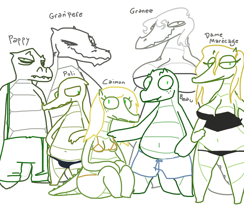 beau big_breasts bikini caimon clothing crocodile dame_mar&eacute;cage family gran'pere granee group monochrome monster monster_girl monstro_village overall pappy poli reptile scalie swimsuit the_weaver thong
