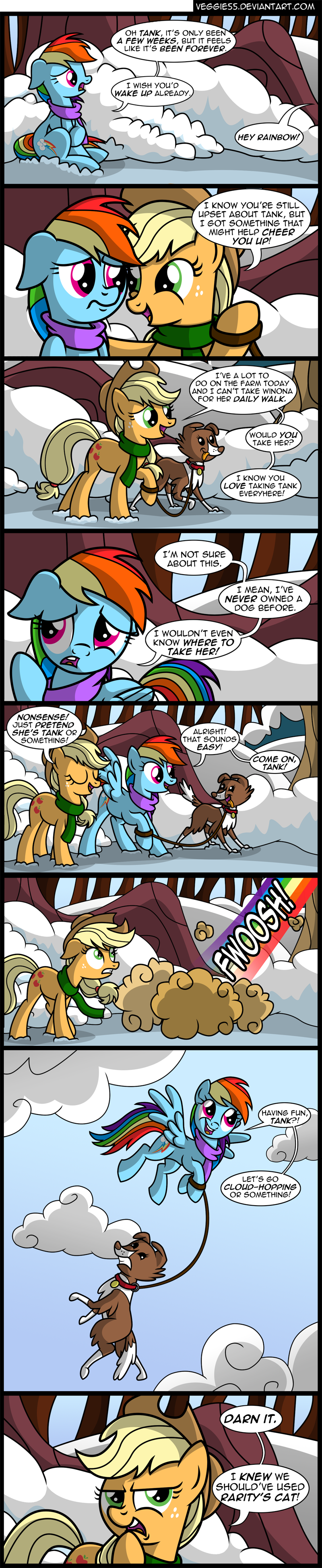 2015 applejack_(mlp) canine comic dialogue dog english_text equine female flying friendship_is_magic green_eyes horse mammal my_little_pony pegasus pony purple_eyes rainbow_dash_(mlp) scarf snow text veggie55 wings winona_(mlp) winter