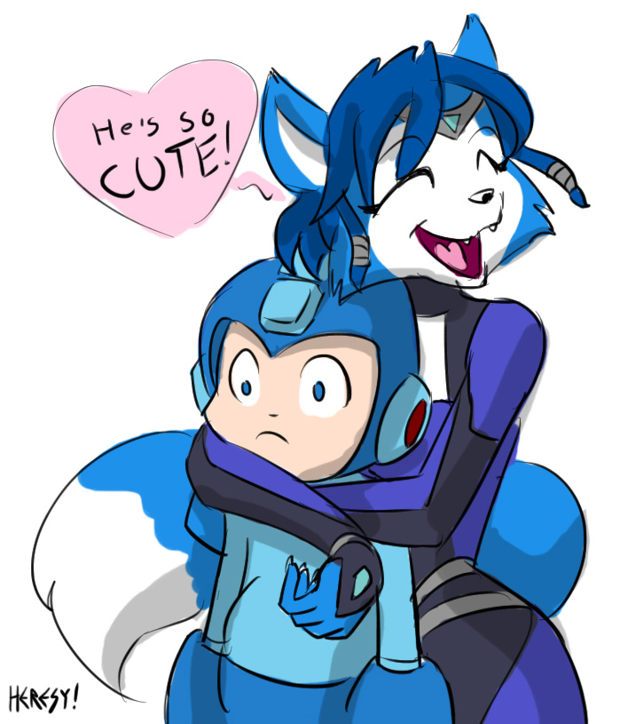 &lt;3 anthro black_nose blue_eyes blue_fur blue_hair bodysuit canine claws clothing crossover cute duo english_text eyes_closed female fox fur gem hair hair_ornament happy helmet heresy_(artist) hug humanoid jewelry krystal machine male mammal mechanical mega_man_(character) mega_man_(series) nintendo open_mouth plain_background robot short_hair signature size_difference skinsuit star_fox teeth text tongue video_games white_background white_fur