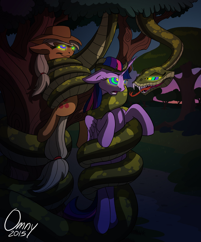 2015 applejack_(mlp) blonde_hair bound coil coiling coils cutie_mark fangs female feral forked_tongue friendship_is_magic glowing glowing_eyes hair hat hypnosis mind_control my_little_pony omny87 purple_hair reptile scalie sharp_teeth snake teeth tongue twilight_sparkle_(mlp)