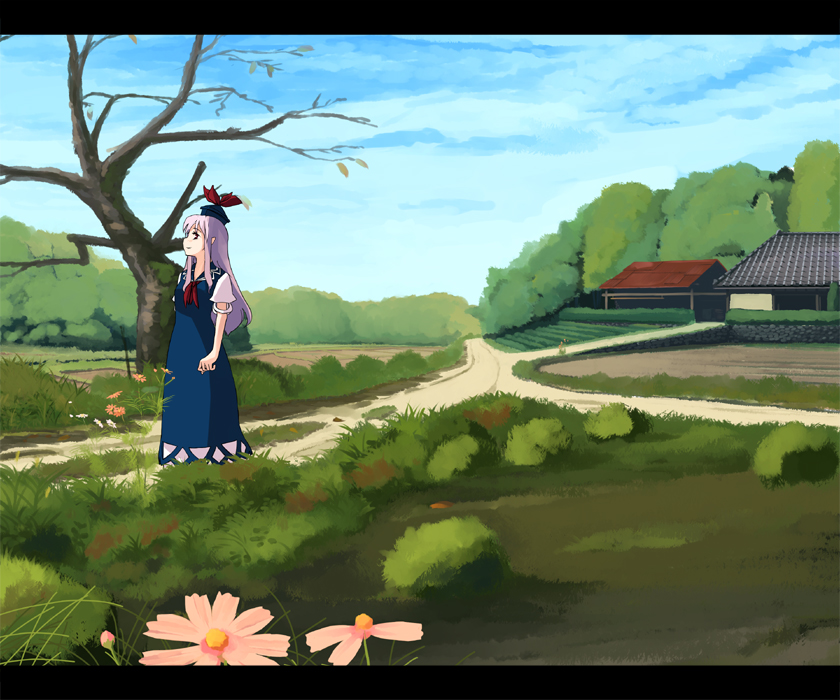 bare_tree blue_dress blue_hat cloud cloudy_sky cosmos_(flower) day dress field flower from_side grass hat house kamishirasawa_keine leaf letterboxed long_hair looking_to_the_side looking_up neckerchief outdoors puffy_short_sleeves puffy_sleeves red_neckwear road scenery short_sleeves silver_hair sky solo standing summer takuzui touhou tree