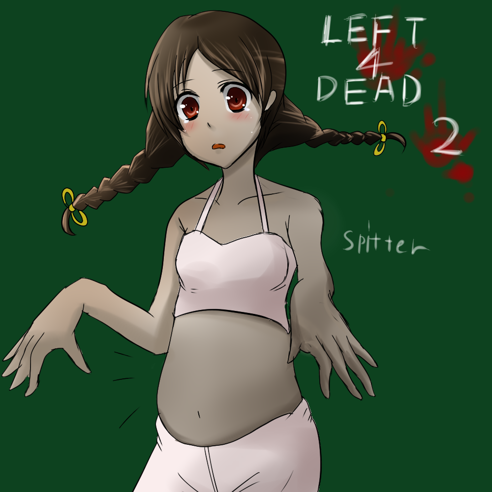 blush braid brown_hair esupe left_4_dead left_4_dead_2 red_eyes solo spitter_(left4dead) tareme twin_braids zombie