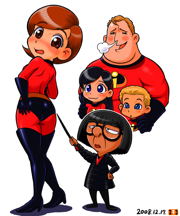 2boys 3girls :3 ass bob_parr bodysuit boots brown_eyes brown_hair costume dash_parr dated edna_mode elastigirl elbow_gloves family gloves height_difference helen_parr latex latex_gloves mochi-iri_kinchaku mr._incredible multiple_boys multiple_girls short_hair skin_tight the_incredibles thigh_boots thighhighs violet_parr