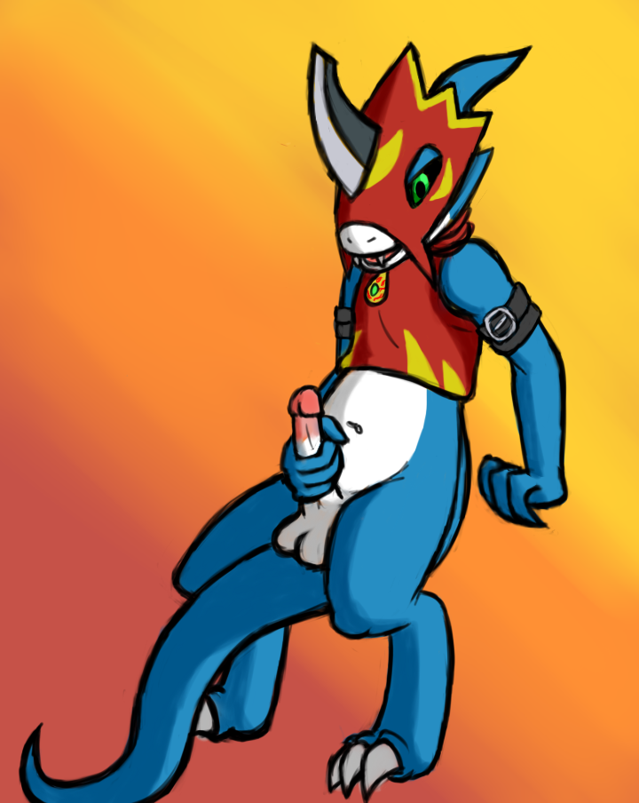 2015 anthro armor balls belly chubby claws clothing digimon erection flamedramon guilmon1998 jake_the_flamedramon male masturbation navel nude open_mouth paws penis scalie solo toe_claws tongue