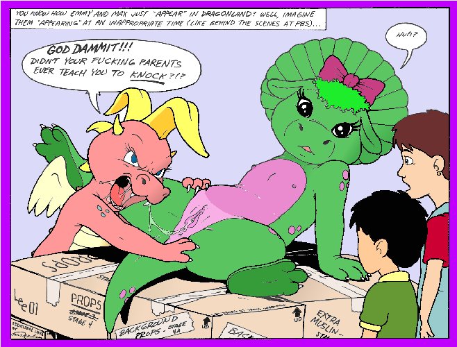 anthro baby_bop barney_and_friends cassie_(dragon_tales) crossover cub desiree_lee dinosaur dragon dragon_tales emmy_(dragon_tales) female female/female group human james_m_hardiman male mammal max_(dragon_tales) nipples oral pussy pussy_juice scalie spread_pussy spreading young