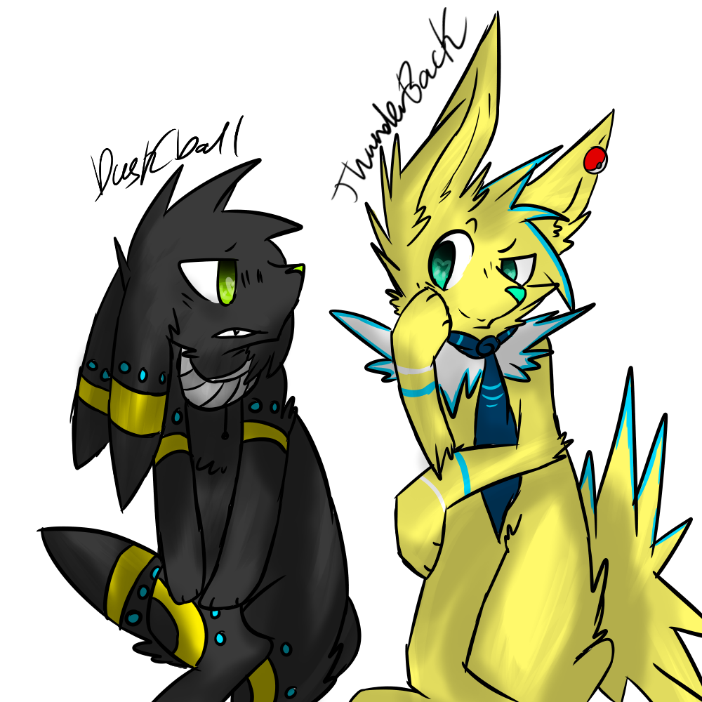 alpha_channel duo duskball(character) eeveelution female feral jolteon nintendo pok&eacute;mon pokesona thunderback umbreon video_games