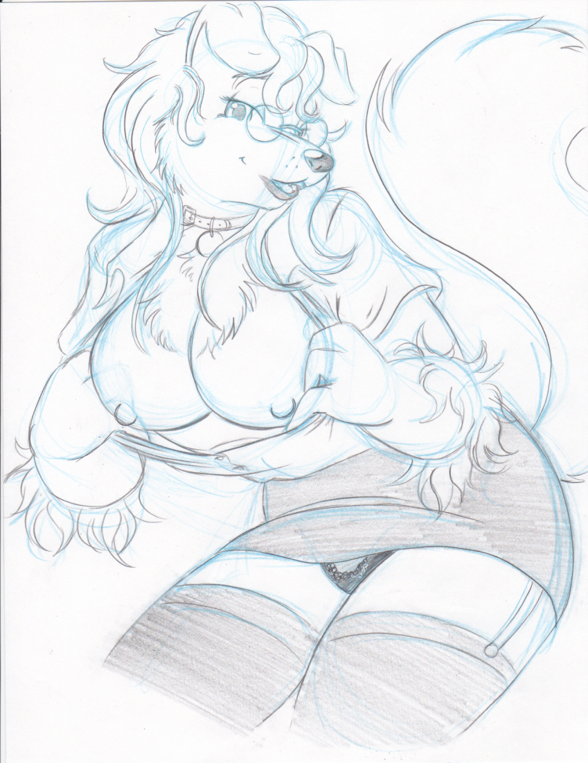 black_nose breasts canine clothed clothing collar dog eyewear female flashing garter_straps glasses hair legwear looking_at_viewer mammal marc_leonhardt monochrome nipples open_shirt panties plain_background rough_collie shirt sketch skirt solo stockings underwear white_background