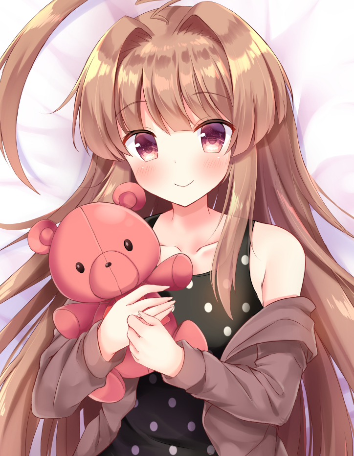 1girl ahoge bangs bare_shoulders black_dress blush breasts brown_eyes brown_hair closed_mouth collarbone commentary_request cropped dakimakura dress eyebrows_visible_through_hair hair_between_eyes holding huge_ahoge jacket kantai_collection kuma_(kantai_collection) long_hair looking_at_viewer lying masayo_(gin_no_ame) on_back simple_background small_breasts smile solo stuffed_animal stuffed_toy teddy_bear