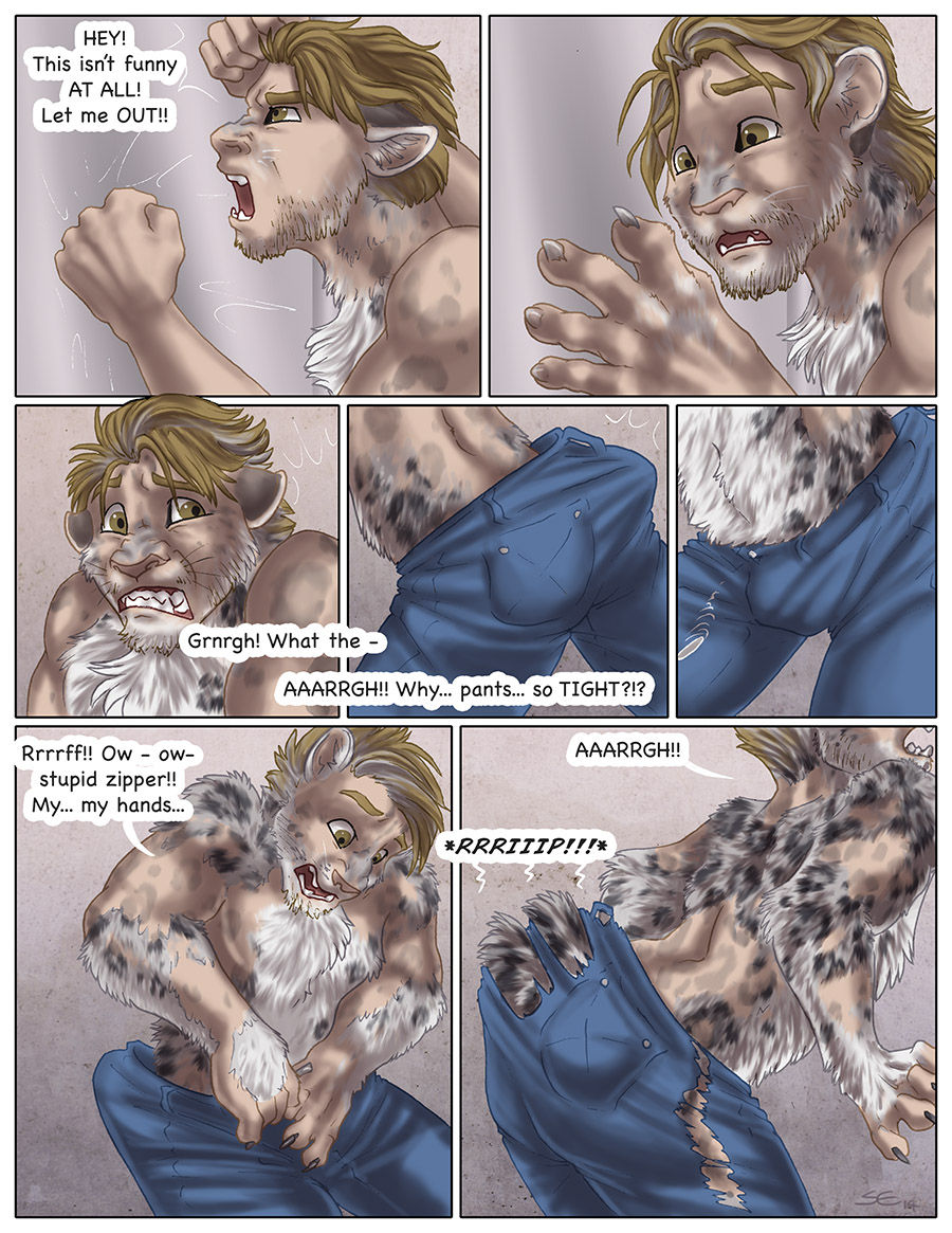 2014 blonde_hair brown_eyes clothed clothing comic english_text feline hair half-dressed human leopard male mammal sabretoothed_ermine snow_leopard text topless torn_clothing transformation