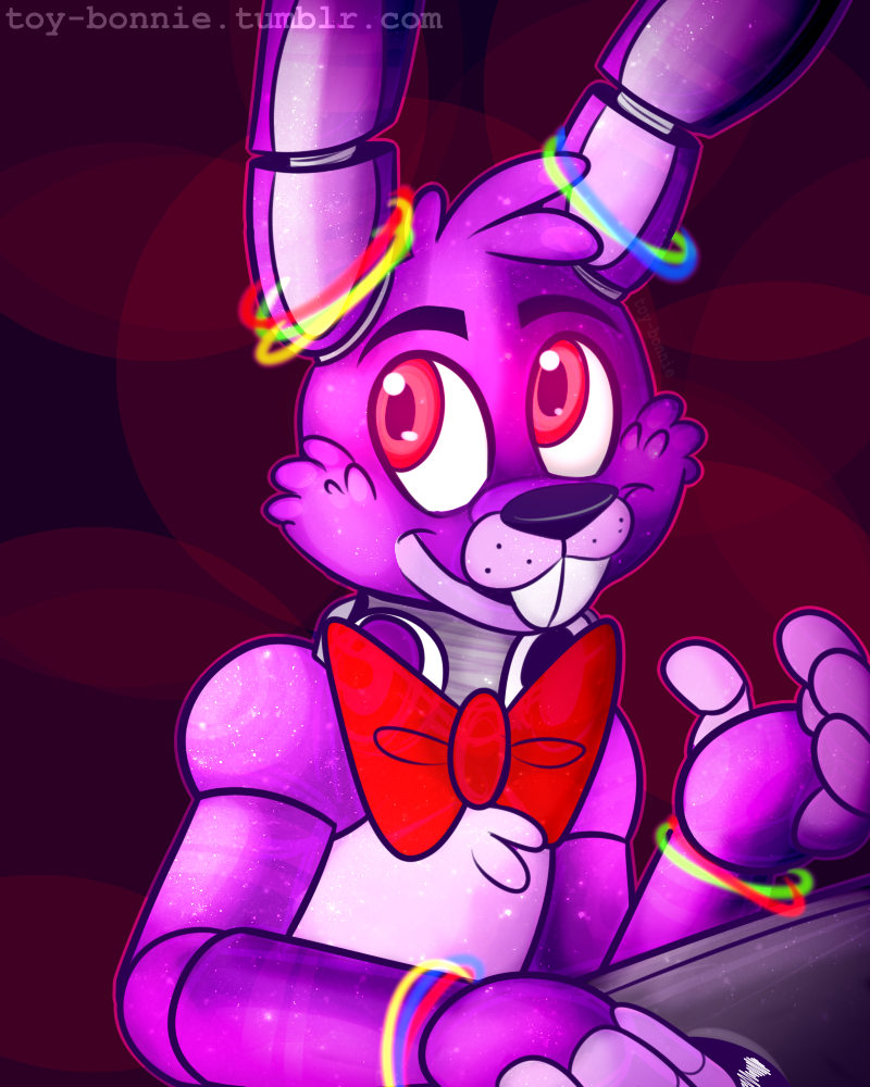 animatronic bonnie_(fnaf) bow_tie five_nights_at_freddy's fur glowing glowing_eyes lagomorph machine mammal mechanical rabbit red_eyes robot toy-bonnie video_games wristband