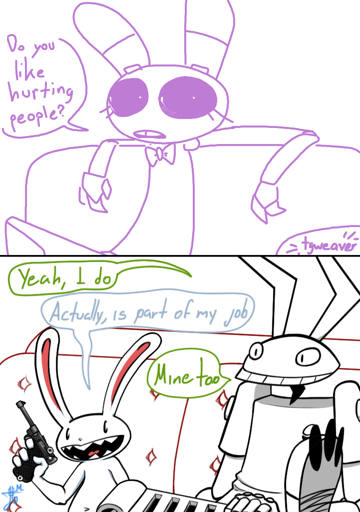 animatronic anthro bonnie_(fnaf) comic crossover dialogue english_text five_nights_at_freddy's gun jonsthaman lagomorph machine mammal max_(sam_and_max) mechanical multiple_artists oswald_(scud_the_disposable_assassin) pistol rabbit ranged_weapon robot sam_and_max scud_the_disposable_assassin sofa text the_weaver video_games weapon