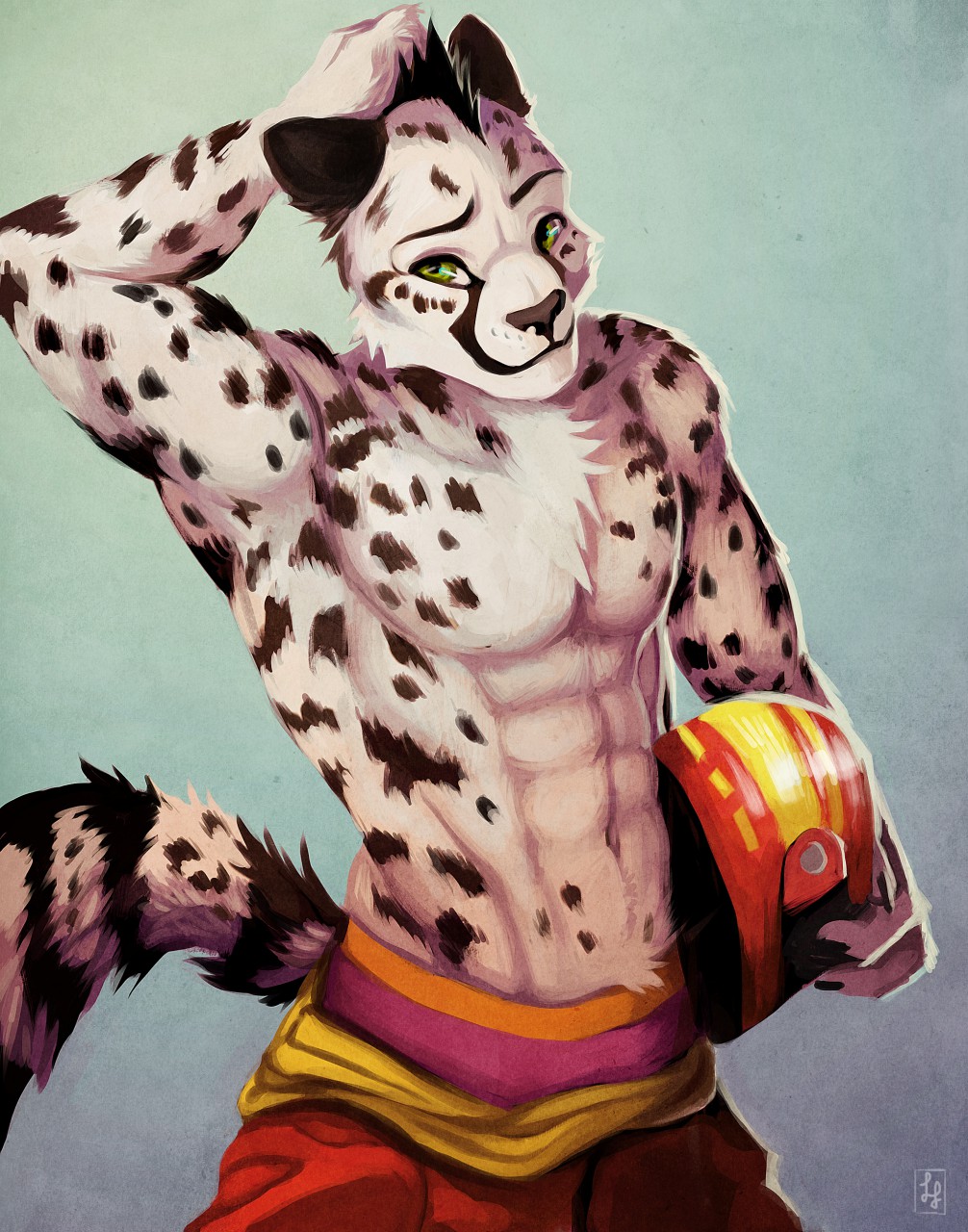 abs biceps cheetah chest_tuft clothed clothing feline fur green_eyes half-dressed helmet littlefreckles male mammal masada muscles pants pecs racer solo topless tuft white_fur