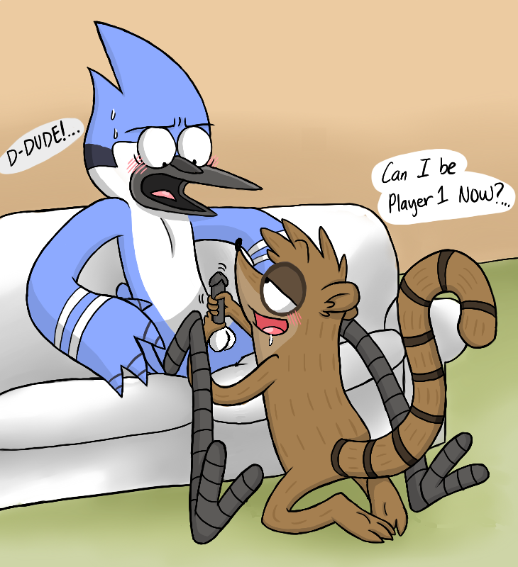 avian blush cartoon cartoon_network cute drooling male male/male mammal mordecai penis raccoon regular_show rigby saliva sofa surprise text xiamtheferret